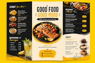 design trifold brochure, food menu, menu bar with 24 hrs
