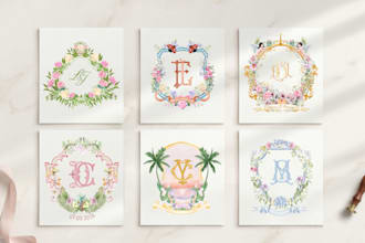 create custom wedding crest, monogram and watercolor logo