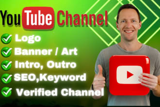 create youtube channel with logo ,banner, intro, outro, SEO