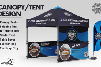 design an amazing canopy tent, table cover, feather flag