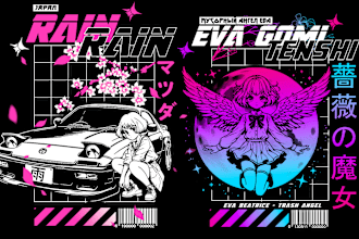 create old school 90s vintage anime art and japanese streetwear t shirt design