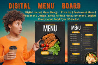 menu restaurant design, digital menu board, leaflet design and restaurant