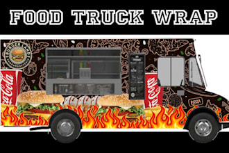 design stylish food truck wrap, 3d vehicle wrap, car, van