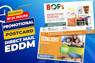 design irresistible promotional postcard, direct mail, eddm, door hanger, mailer