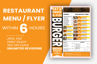 design professional restaurant food menu flyer or brochure