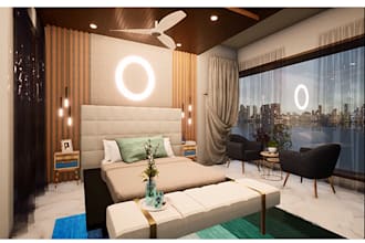 do interior design in 3d of bakery, office, café, house