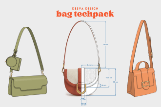 design and create a full tech pack for bags, handbags, purses, and backpacks