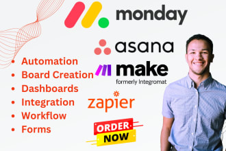 setup monday crm, asana workflow, zapier integration, pabbly automation make com