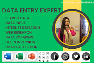 be your data entry expert, search data, internet research, and web research