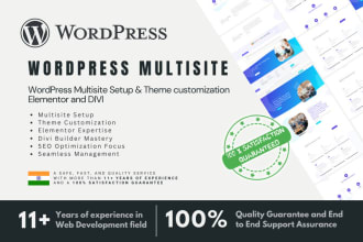 help with wordpress multisite setup, theme customization, elementor and divi