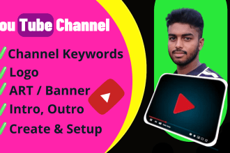 create, setup youtube channel with logo, art, intro, outro, SEO