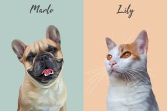 draw your dogs, cat and other pets into cartoon portrait