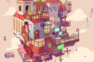 do cool isometric building and props cartoon illustration