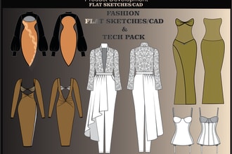 create professional fashion flat sketches cad and tech pack