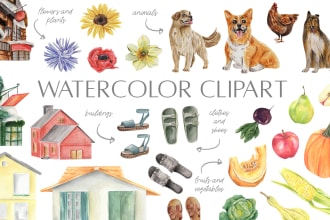 draw watercolor clipart, series of illustrations