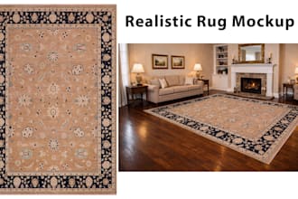 do realistic rug mockup and place rug in room scene