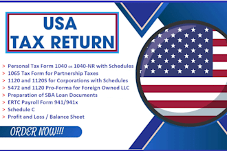 prepare US tax return personal and business llc, 1040, 1120s, w2