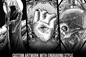 draw a detailed dark art, vintage illustration with engraving style