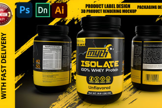 design protein label and realistic 3d supplement bottle mockup