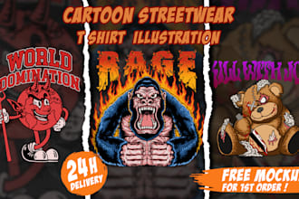 draw cartoon streetwear tshirt illustration clothing brand design in 24 hours