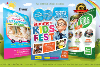 design awesome kids camp flyer, event festival flyer poster