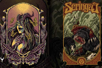 draw detailed dark art and heavy metal horror illustration for tshirt