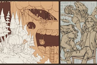 draw a concept sketch of characters, objects, background