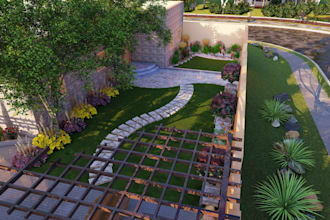 design patio, garden, backyard, courtyard, pool, landscape