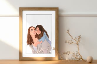draw digital cartoon, couple, family, pet portrait , line art