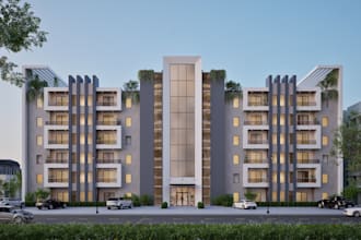 do home exterior design with realistic 3d rendering, commercial building