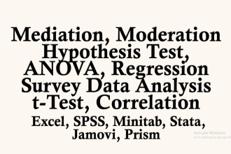 survey data analysis, t test, mediation, moderation, anova, regression, correlat
