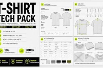 create t shirt tech pack and flat sketches