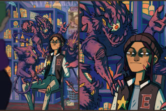 draw a character illustration, background, objects