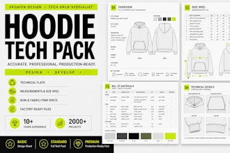 create hoodie tech pack and flat sketches