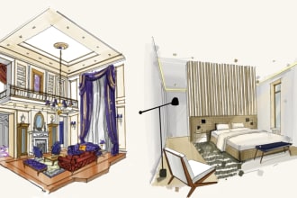create hand drawn architecture and interior design sketches