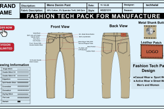 design fashion tech pack for garments technical clothing