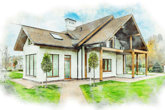 create house or building photo into watercolor art