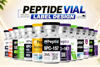 create peptide vial label designs, product label designs and 3d mockups