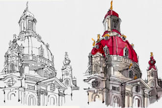 sketch architectural drawing with watercolor and ink