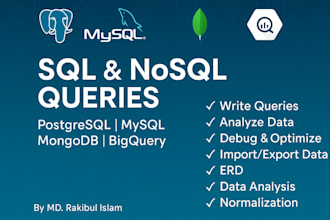 write sql and nosql queries in postgresql, mysql, mongodb, and bigquery