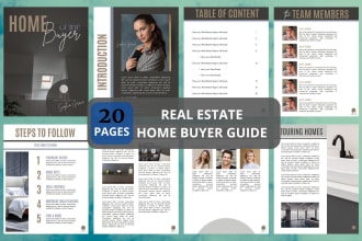 provid 20 page real estate home buyer guide in canva editable template