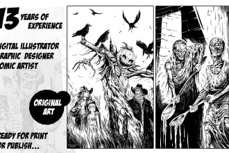 draw your book in digital line art in vintage pulp magazine style
