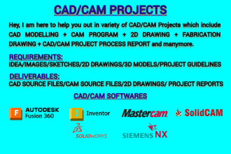 do cad cam projects on solidcam,mastercam,solidworks,inventor and fusion360