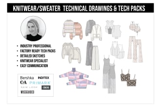 create sweater, knit and crochet tech packs and cad sketches