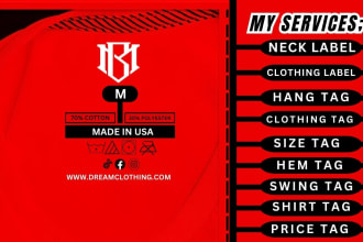 design clothing label, hang tag, neck label, shirt tag etc