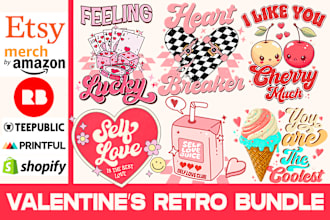 provide valentines day retro tshirts designs bundle for pod etsy