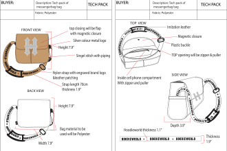 tech pack bag design flat sketch technical drawing and manufacturing