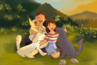 draw couple and pet with anime style