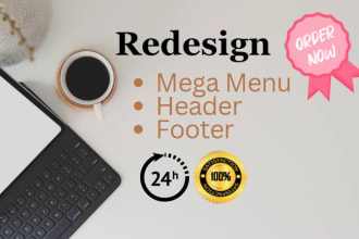 redesign and fix header footer mega menu for wordpress elementor website