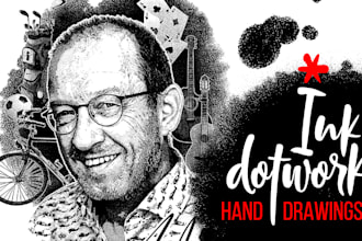 hand draw a detailed ink portrait with lifestyle stuff in dot work style